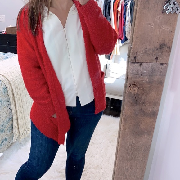 Vintage Sweaters - Vintage red fuzzy knit sweater cardigan size medium